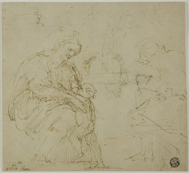 Sketches of Virgin and Child, Seated Figure, and Landscape Wall Art by Vincenzo Tamagni - High-Resolution Digital Print