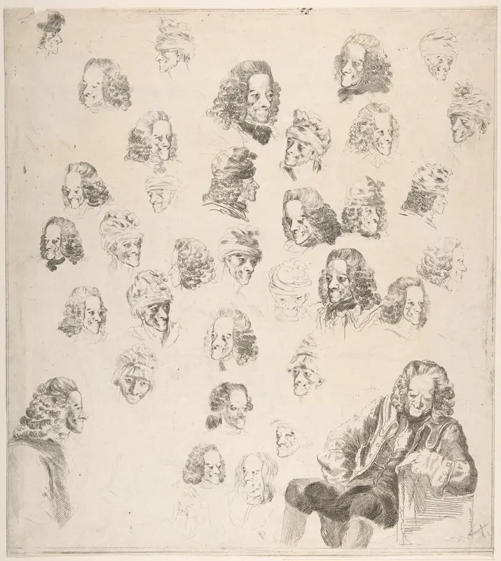 Sketches of Voltaire at Age Eighty-One Wall Art by Baron Dominique Vivant Denon - High-Resolution Digital Print