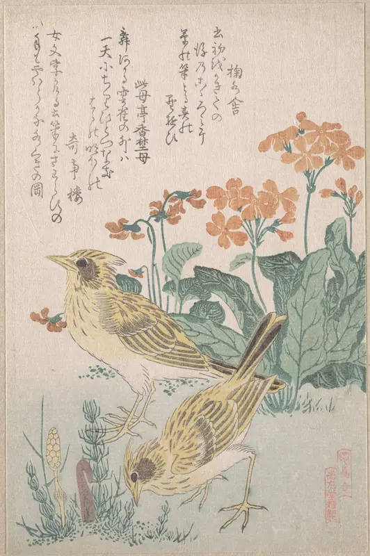 Skylarks and Primroses,” from the Series An Array of Birds (Tori awase), from Spring Rain Surimono Album (Harusame surimono-jō, vol. 3)