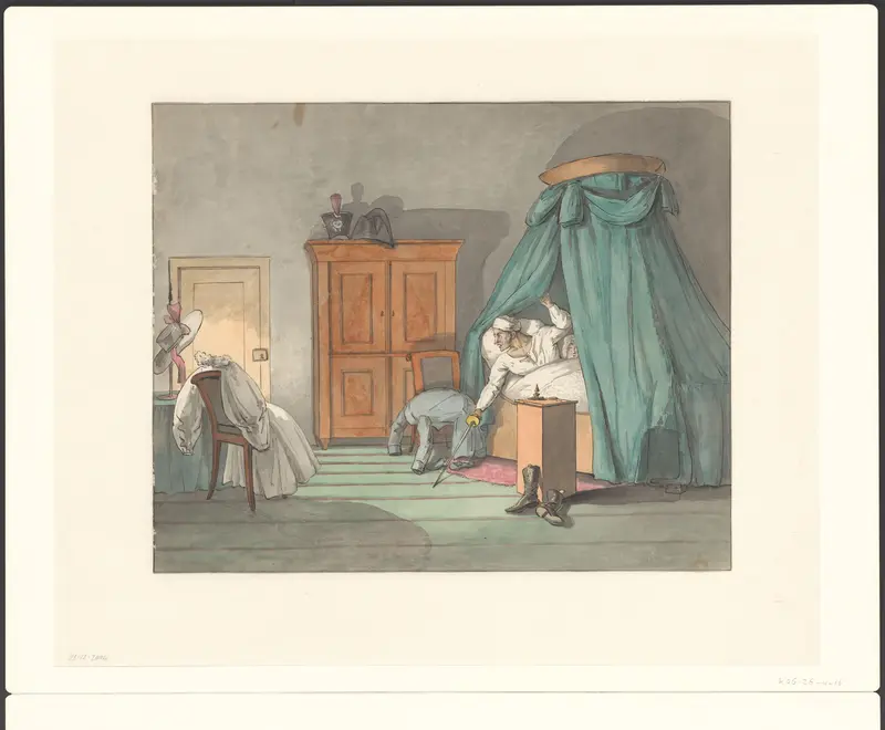Slaapkamer met een verschrikt echtpaar in bed Wall Art by Unknown - High-Resolution Digital Print