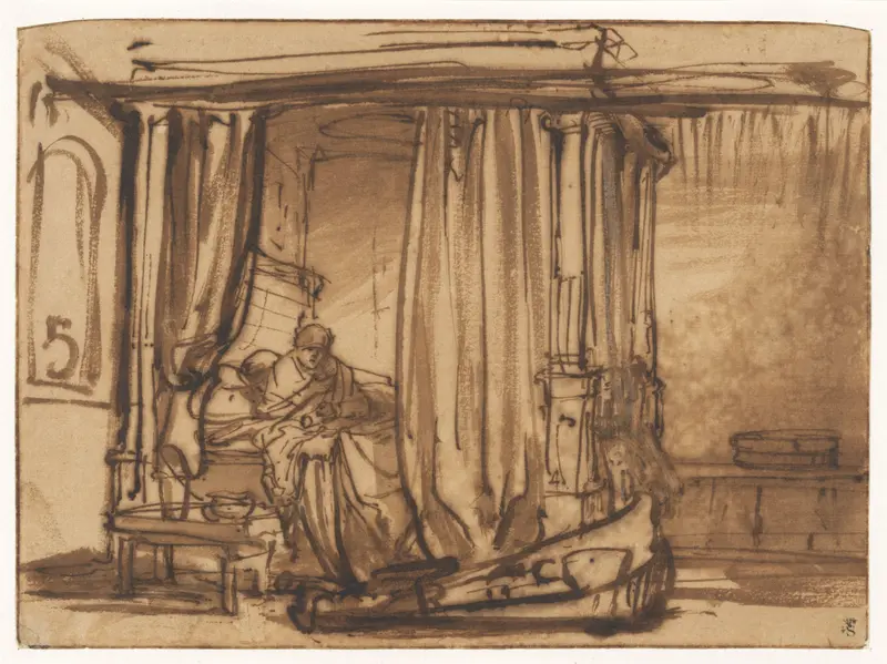 Slaapkamer met Saskia zittend in een hemelbed Wall Art by Rembrandt van Rijn - High-Resolution Digital Print