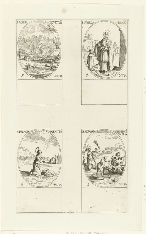 Slag bij Lepanto (Maria-Overwinning), Heilige Simeon Senex van Jeruzalem, Heilige Pelagia van Antiochië, Heilige Reparata van Caesarea en Heilige Benedicta van Laon (7-8 oktober) Wall Art by Jacques Callot - High-Resolution Digital Print