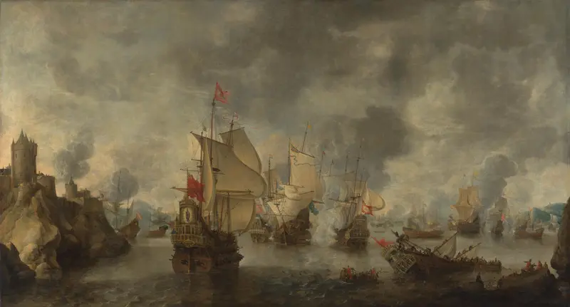 Slag van de verenigde Venetiaanse en Nederlandse vloten tegen de Turken in de Baai van Foja, 1649 Wall Art by Unknown - High-Resolution Digital Print