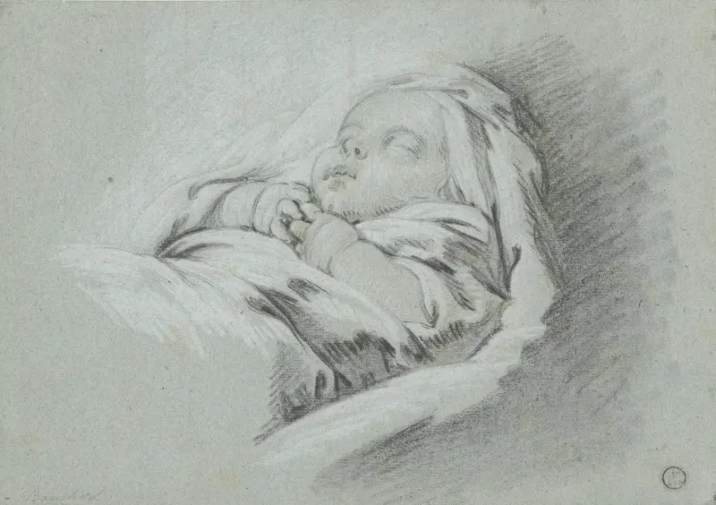 Slapende baby, de handjes over elkaar Wall Art by Unknown - High-Resolution Digital Print