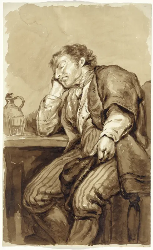 Slapende man, gezeten aan een tafel Wall Art by Pieter van Loon - High-Resolution Digital Print