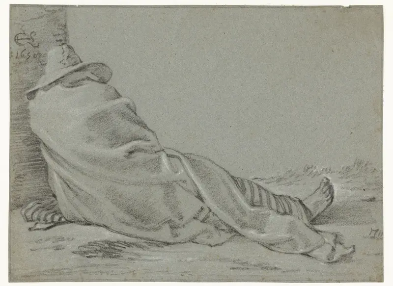 Slapende man, leunend tegen een muur, in een deken gewikkeld Wall Art by Cornelis Saftleven - High-Resolution Digital Print