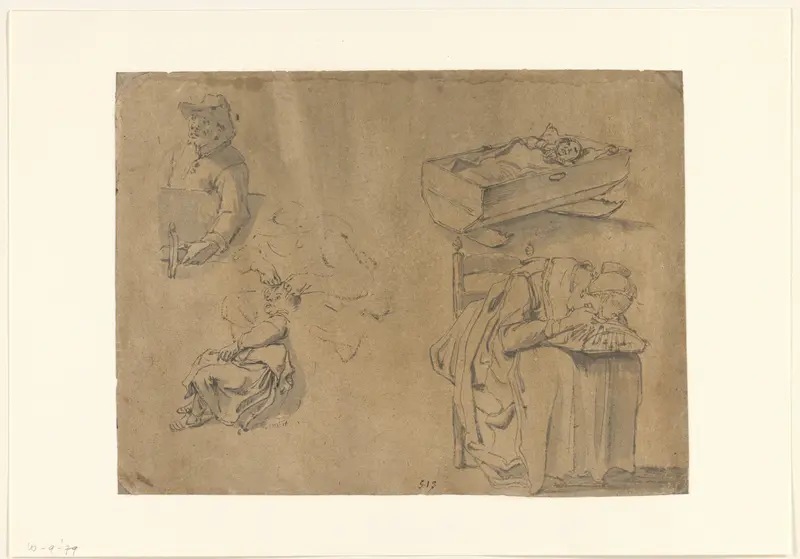 Slapende vrouw, kind in wieg, vrouw met kind en man Wall Art by Leonaert Bramer - High-Resolution Digital Print