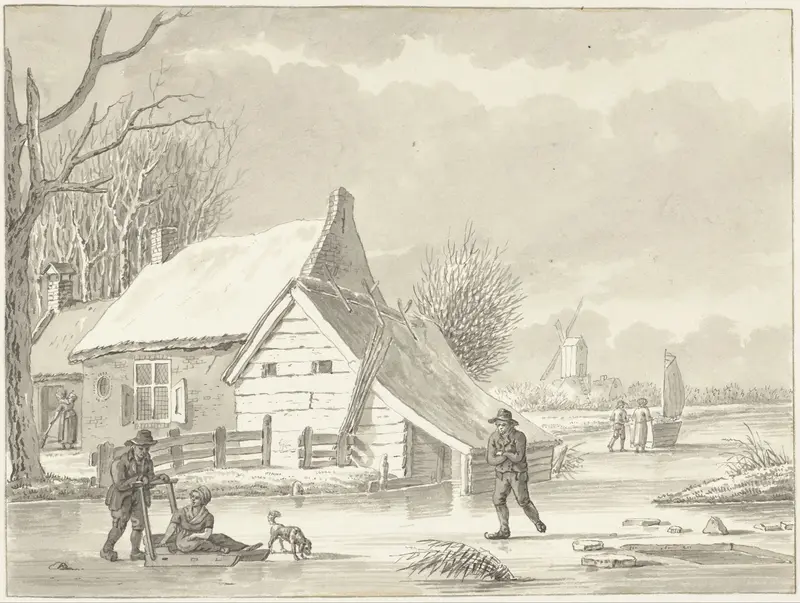 Slede en schaatsenrijder op een bevroren vaart Wall Art by G.A. de Wildt - High-Resolution Digital Print