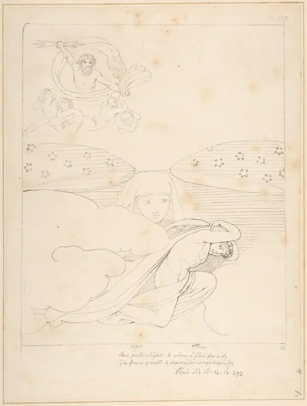 Sleep Escaping from the Wrath of Jupiter – "But gentle Night to whom I fled for Aid (the Friend of Earth and Heaven), Her Wings Display'd" (Pope's Iliad, Book 14, line 293) Wall Art by John Flaxman - High-Resolution Digital Print