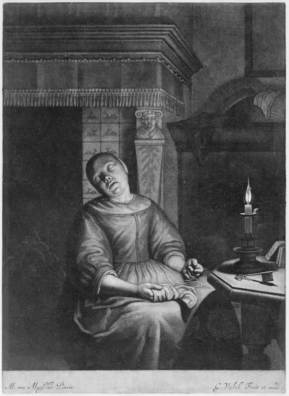 Sleeping Girl with Needlework in her Lap Wall Art by Gerard Valck - High-Resolution Digital Print