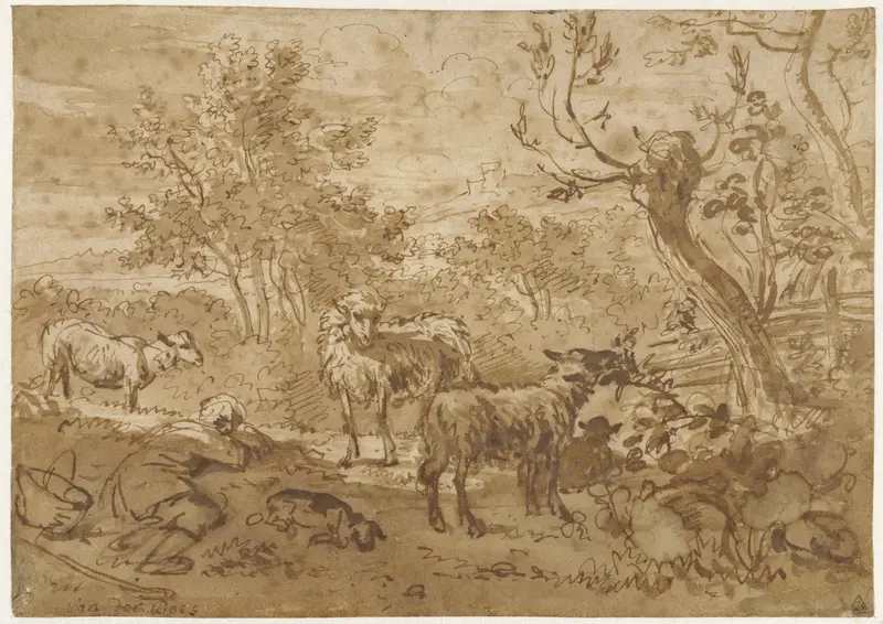 Sleeping Shepherd with Four Sheep Wall Art by Simon van der Does - High-Resolution Digital Print