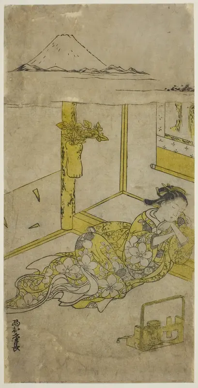 Sleeping Young Woman with Mt. Fuji Above Wall Art by Nishimura Shigenaga - High-Resolution Digital Print