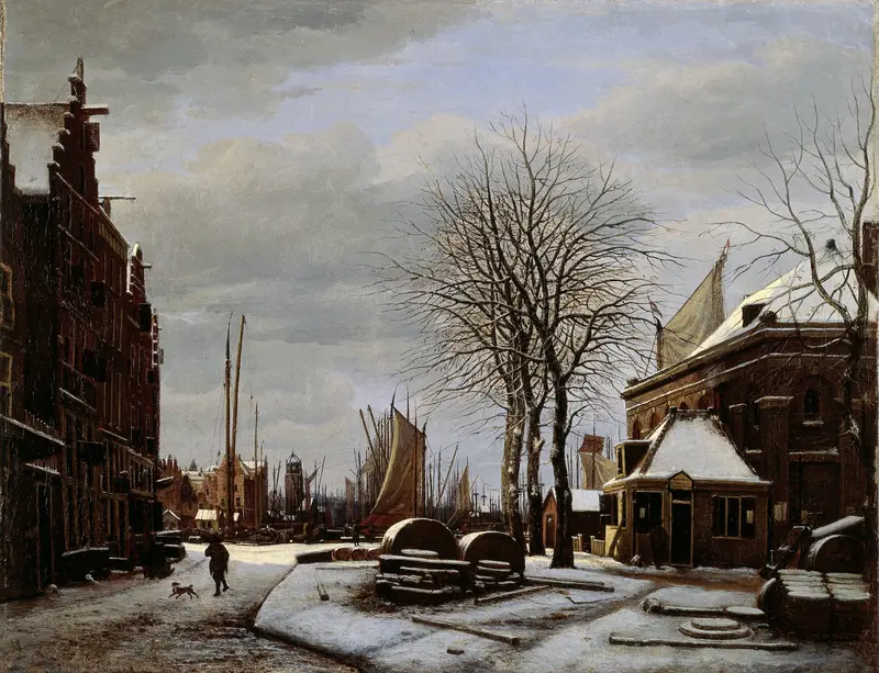 Slijpsteenmarkt (Whetstone Market) in Amsterdam with the Building 'Het Zeerecht' in Winter (The Slypsteenen at Amsterdam) Wall Art by George Pieter Westenberg - High-Resolution Digital Print
