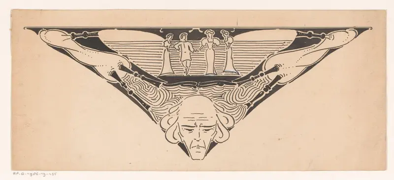 Sluitvignet met fronsend mannenhoofd, doedelzakken en een dansend paar Wall Art by Reinier Willem Petrus de Vries (1874-1953) - High-Resolution Digital Print