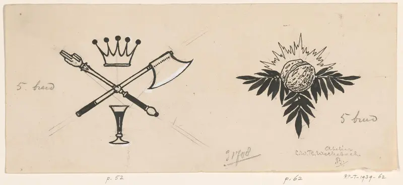Sluitvignet met vier voorwerpen en sluitvignet met noot Wall Art by Unknown - High-Resolution Digital Print