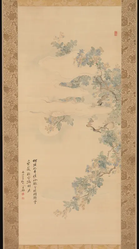 Small Bird on a Crepe Myrtle Branch Wall Art by Tsubaki Chinzan - High-Resolution Digital Print