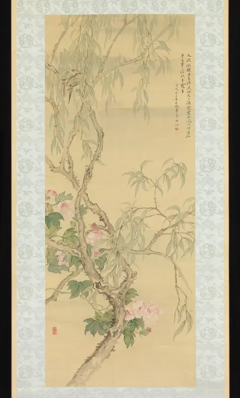 Small Birds on a Willow Branch and Hibiscus Blossoms Wall Art by Tsubaki Chinzan - High-Resolution Digital Print