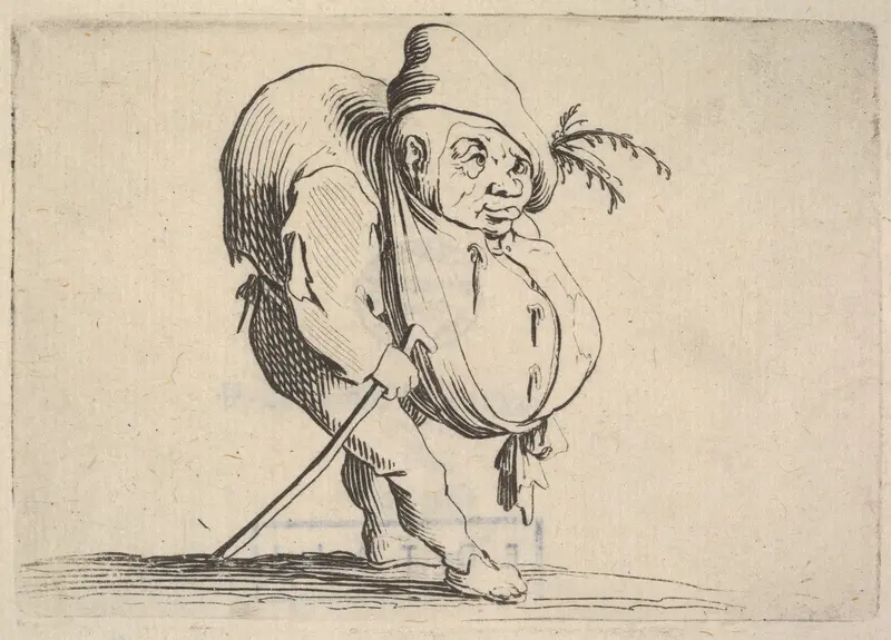 Small figure striding forward with cane and bulging abdomen, body in profile view and head in three-quarters view, from "Varie Figure Gobbi" Wall Art by Jacques Callot - High-Resolution Digital Print