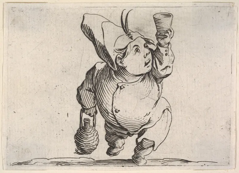 Small male figure in feathered cap with upraised hand holding a cup and other hand grasping a handled vessel, in frontal view, from "Varie Figure Gobbi" Wall Art by Jacques Callot - High-Resolution Digital Print