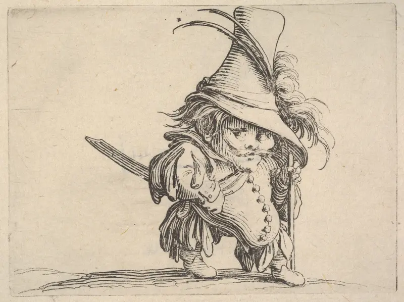 Small male figure in feathered hat with walking stick in left hand, from "Varie Figure Gobbi" Wall Art by Jacques Callot - High-Resolution Digital Print