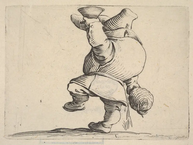 Small male figure in profile view whose face is hidden by his upraised arm holding a cup, with lowered hand grasping a vessel, from "Varie Figure Gobbi" Wall Art by Jacques Callot - High-Resolution Digital Print