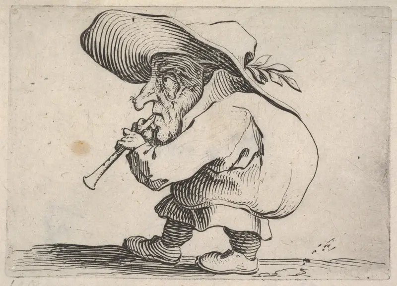 Small male figure playing a wind instrument, in profile view, from "Varie Figure Gobbi" Wall Art by Jacques Callot - High-Resolution Digital Print
