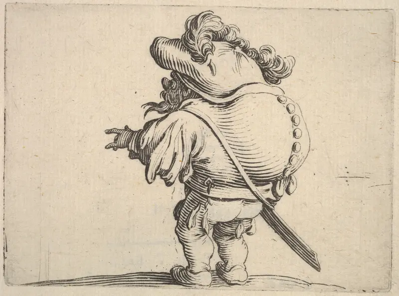Small male figure with outstreched left hand, seen from the back, which bulges, from "Varie Figure Gobbi" Wall Art by Jacques Callot - High-Resolution Digital Print