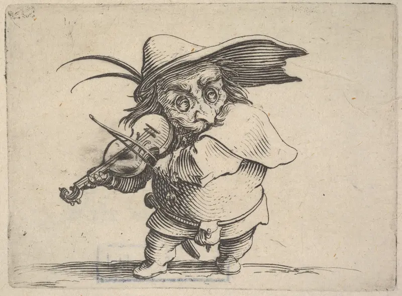 Small, masked male figure playing a violin, from "Varie Figure Gobbi" Wall Art by Jacques Callot - High-Resolution Digital Print