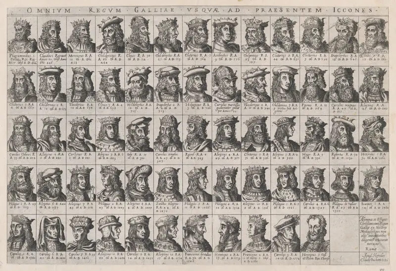 Small Portraits of the French Kings from Pharamond to Henri III, from "Speculum Romanae Magnificentiae" Wall Art by Anonymous - High-Resolution Digital Print