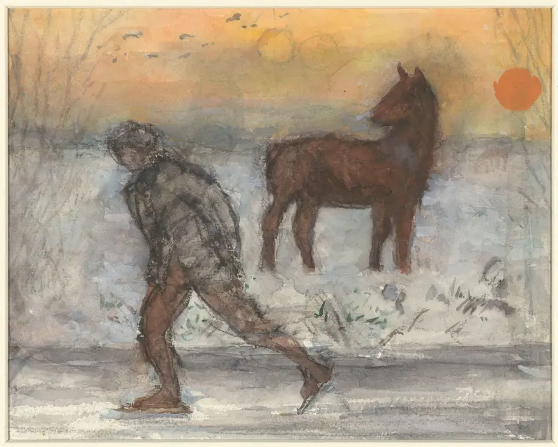 Sneeuwlandschap met een man die langs een paard schaatst Wall Art by Fik Abbing - High-Resolution Digital Print