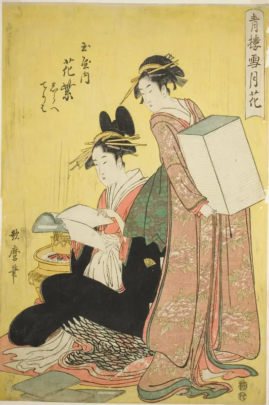 Snow, Moon, and Flowers in the Pleasure Quarters (Seiro setsugekka) : Hanamurasaki of the Tamaya with Attendants Shirabe and Teriha Wall Art by Kitagawa Utamaro - High-Resolution Digital Print