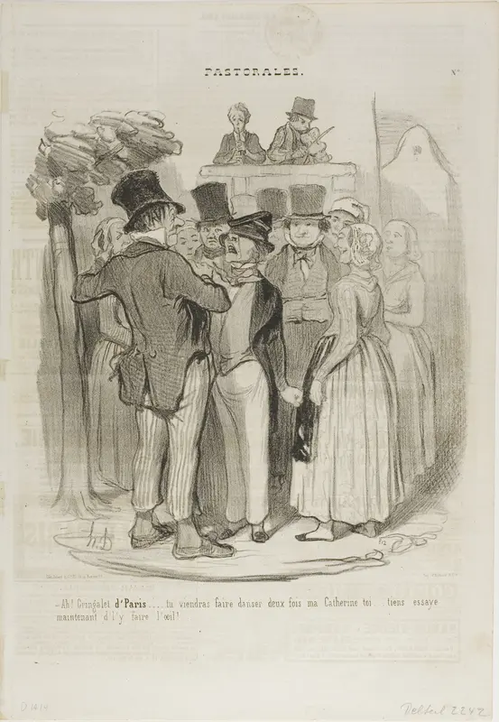 “- So, Gringalet from Paris!.... you will dance twice with my Catherine ...... try again now to make sheep's eyes at her,” plate 27 from Pastorales
