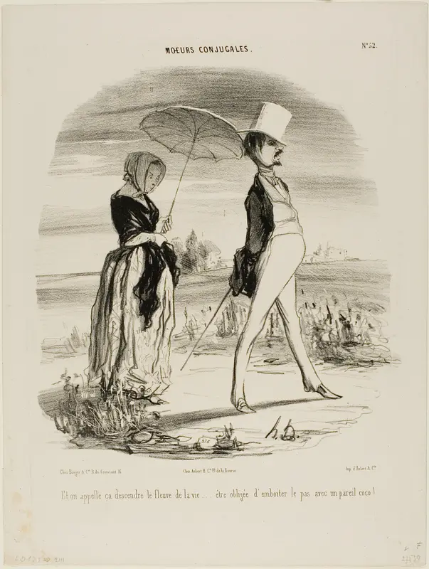 “So this is what's called following the stream of life..... to be compelled to march lockstep with such a fool!,” plate 52 from Moeurs Conjugales