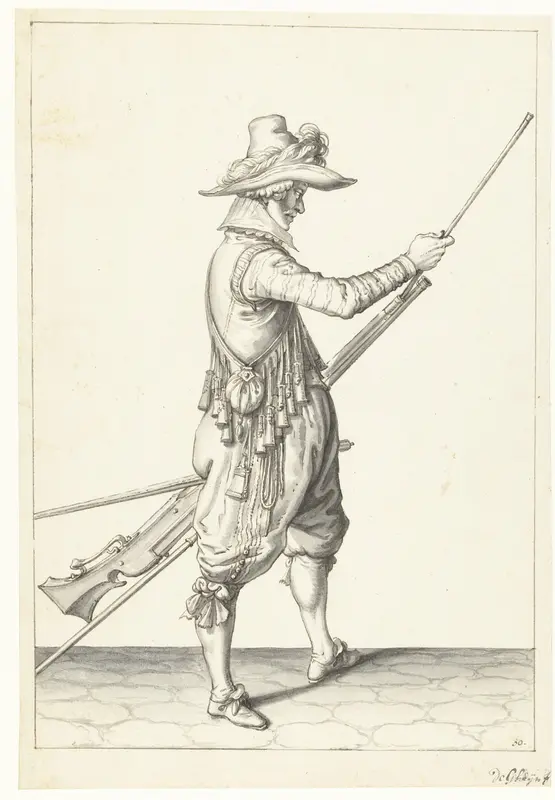 Soldaat die zijn laadstok in de houder onder de loop van zijn musket schuift Wall Art by Jacques de Gheyn (II) - High-Resolution Digital Print