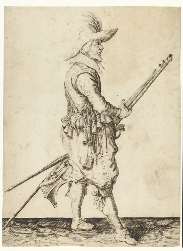 Soldaat die zijn musket met beide handen bij zijn linkerdijbeen vasthoudt Wall Art by anonymous - High-Resolution Digital Print