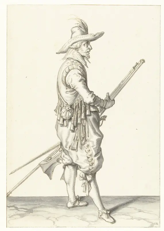Soldaat die zijn musket met beide handen bij zijn linkerdijbeen vasthoudt Wall Art by Jacques de Gheyn (II) - High-Resolution Digital Print