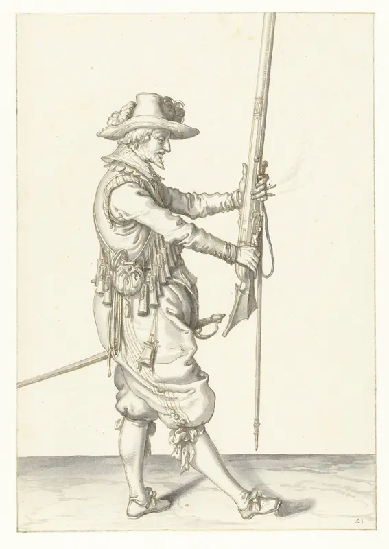 Soldaat die zijn musket met beide handen rechtop voor zich vasthoudt Wall Art by Jacques de Gheyn (II) - High-Resolution Digital Print