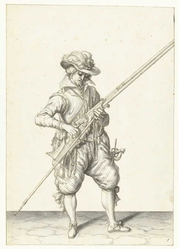 Soldaat die zijn musket met zijn linkerhand bij zijn rechterzijde vasthoudt Wall Art by Jacques de Gheyn (II) - High-Resolution Digital Print