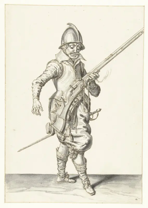 Soldaat die zijn roer met zijn linkerhand schuin omhoog gericht vasthoudt Wall Art by Jacques de Gheyn (II) - High-Resolution Digital Print