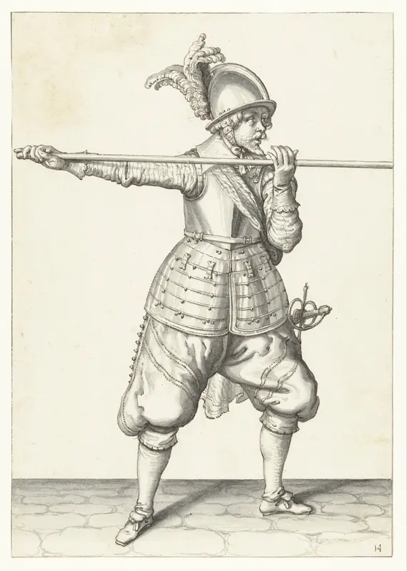 Soldaat die zijn spies met beide handen horizontaal op schouderhoogte draagt, zijn rechterhand bij de voet van het wapen Wall Art by Jacques de Gheyn (II) - High-Resolution Digital Print