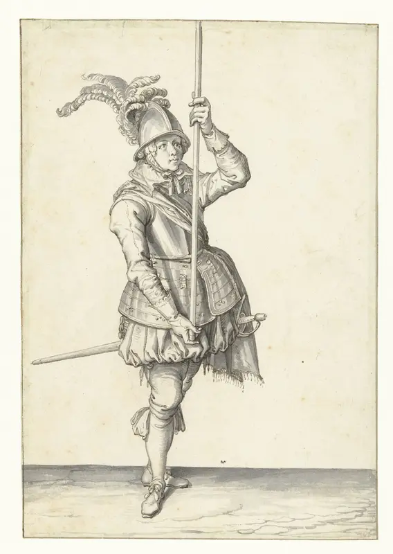 Soldaat die zijn spies met beide handen rechtop voor zich hoog boven de grond vasthoudt Wall Art by Jacques de Gheyn (II) - High-Resolution Digital Print