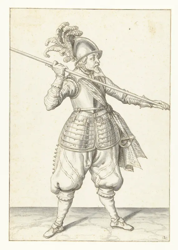 Soldaat die zijn spies met beide handen ver uit elkaar boven zijn rechterschouder draagt, de punt schuin naar de grond gericht Wall Art by Jacques de Gheyn (II) - High-Resolution Digital Print