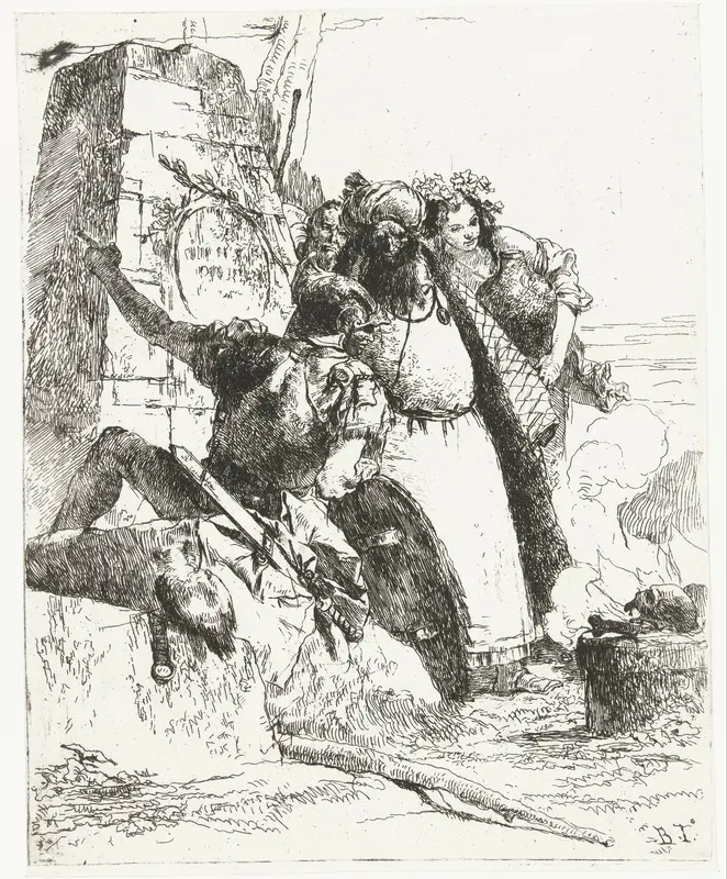 Soldaat en tovenaar en andere figuren kijken naar brandend altaar met schedel en been Wall Art by Unknown - High-Resolution Digital Print