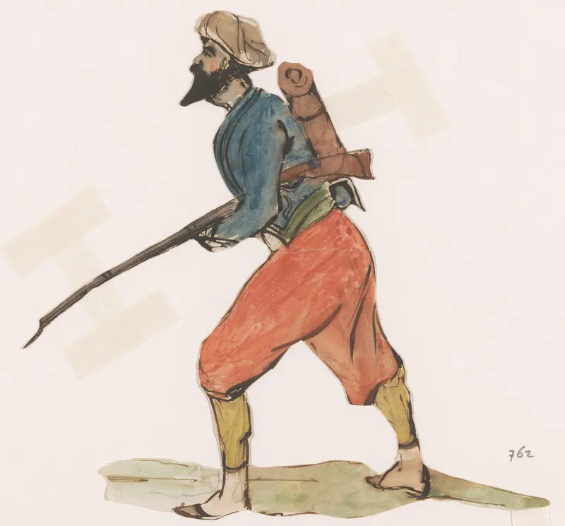 Soldaat met baard en geweer, tulband op het hoofd, rode broek en ransel op de rug Wall Art by Johannes Tavenraat - High-Resolution Digital Print