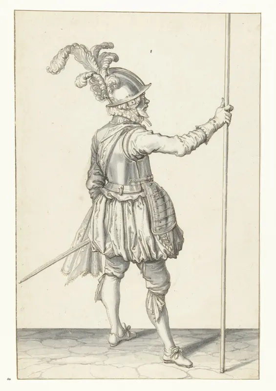 Soldaat, op de rug gezien, die zijn spies met zijn rechterhand rechtop vasthoudt Wall Art by Jacques de Gheyn (II) - High-Resolution Digital Print