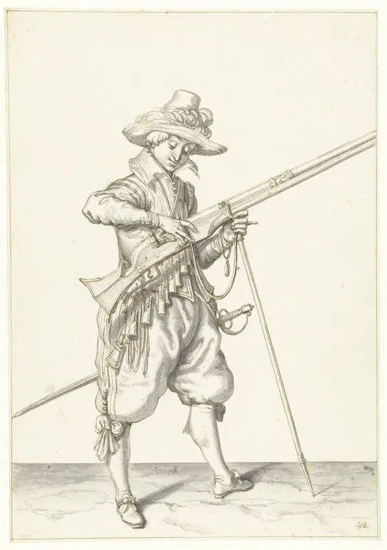 Soldaat op wacht die de lont op de haan van zijn musket de juiste plek en vorm geeft Wall Art by Jacques de Gheyn (II) - High-Resolution Digital Print