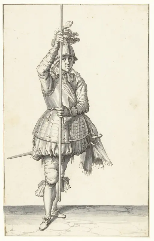 Soldaat, van voren gezien, die zijn spies met beide handen rechtop voor zich iets boven de grond vasthoudt Wall Art by Jacques de Gheyn (II) - High-Resolution Digital Print