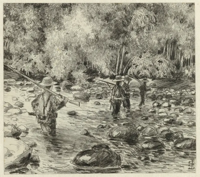 Soldaten die door rivier waden Wall Art by Johan Gerard Sinia - High-Resolution Digital Print