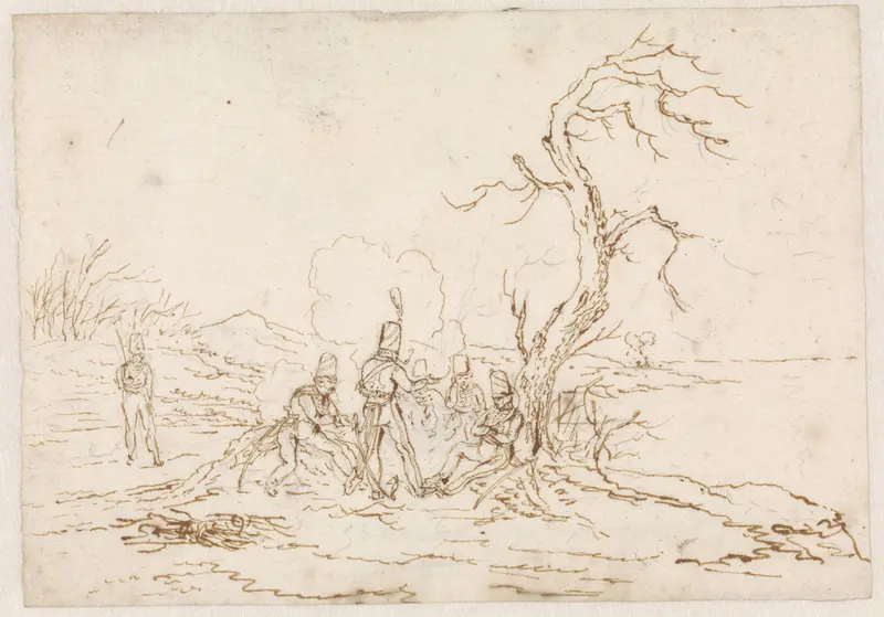 Soldaten rond kampvuur onder een kale boom Wall Art by Gerardus Emaus de Micault - High-Resolution Digital Print