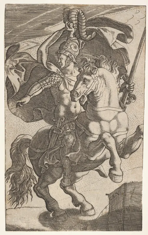 Soldier riding a rearing horse and wearing feathered helmet, cuirass, pteruges, and greaves, the soldier looks and points to his right Wall Art by Giovanni Battista Scultori - High-Resolution Digital Print